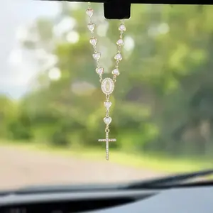 TikTok Viral Heart-Shaped Pearl Virgin Mary Cross Charm - Car Rearview Pendant, Cute Car Accessories, Car Interior Decoration, Car Interior Accessory, Car Ornament, Car Trinkets & Prayer Bracelet | Christmas Gift #ChristmasGiftTikTok