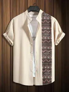 Men's Ethnic Print Patchwork Short Sleeve Shirt, Regular Fit Casual Button Front Top for Summer, Fashion Men's Clothes for Daily Wear