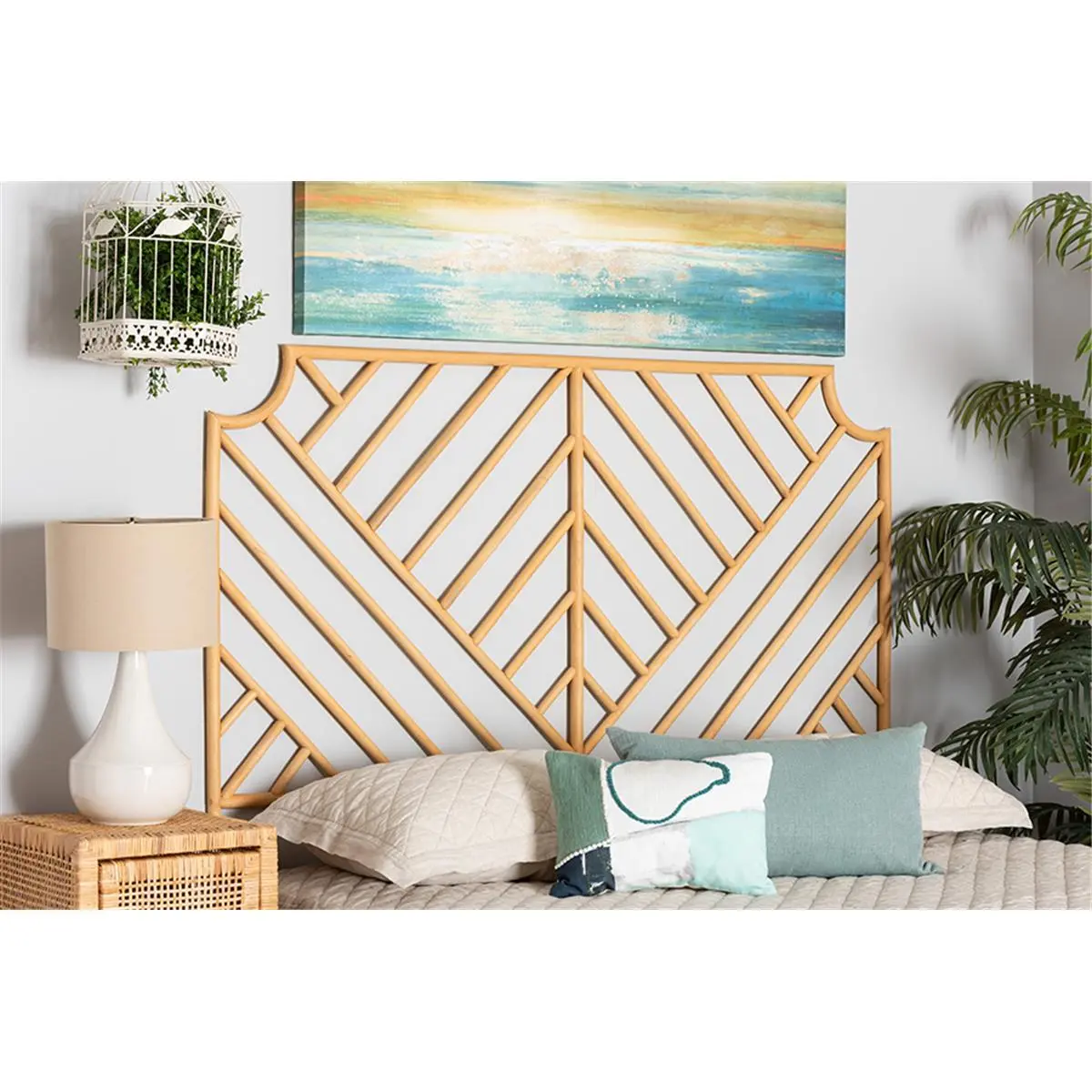 212 MAIN Queen-Size Modern Bohemian Rattan Wall Mount Headboard - Natural Brown, 63.8x34.3x2 in. - Baxton Studio Giza Indoor Furniture