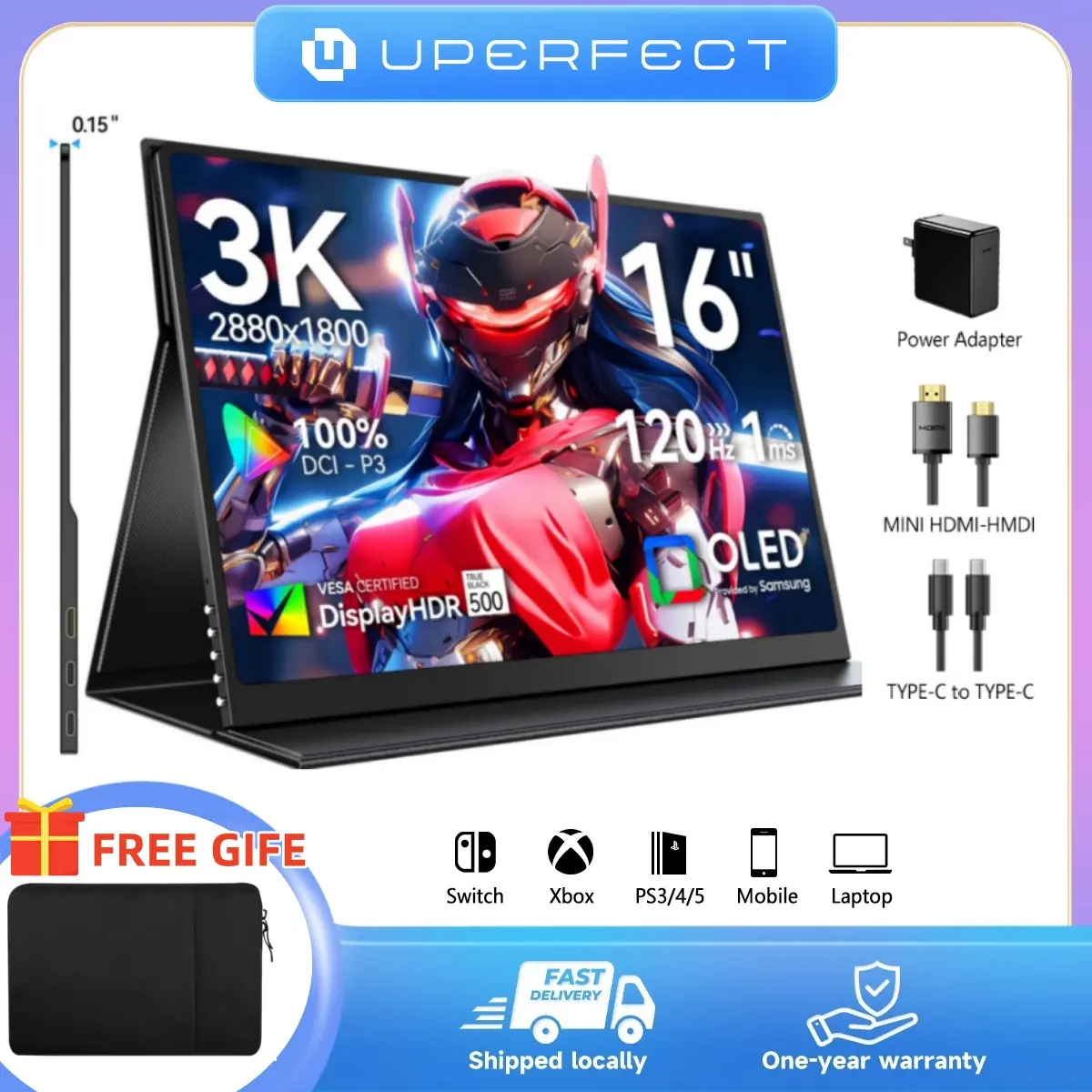 UPERFECT GR16HQ 16in OLED Portable Gaming Monitor, Portable Computer Monitor with 3K 120Hz 1ms HDR Display, Multi-Port, 1-Cable Connection, Screen Mirroring for Laptop, PC (PC Setup)