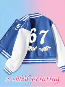 Number 67 Six Seven Boys Short Baseball Jacket with Cartoon Design, Fitted Activewear for Kids, Elastic Fabric for Fall & Winter, Trendy School Uniform for Christmas, Children's Daily Fashion Dressing