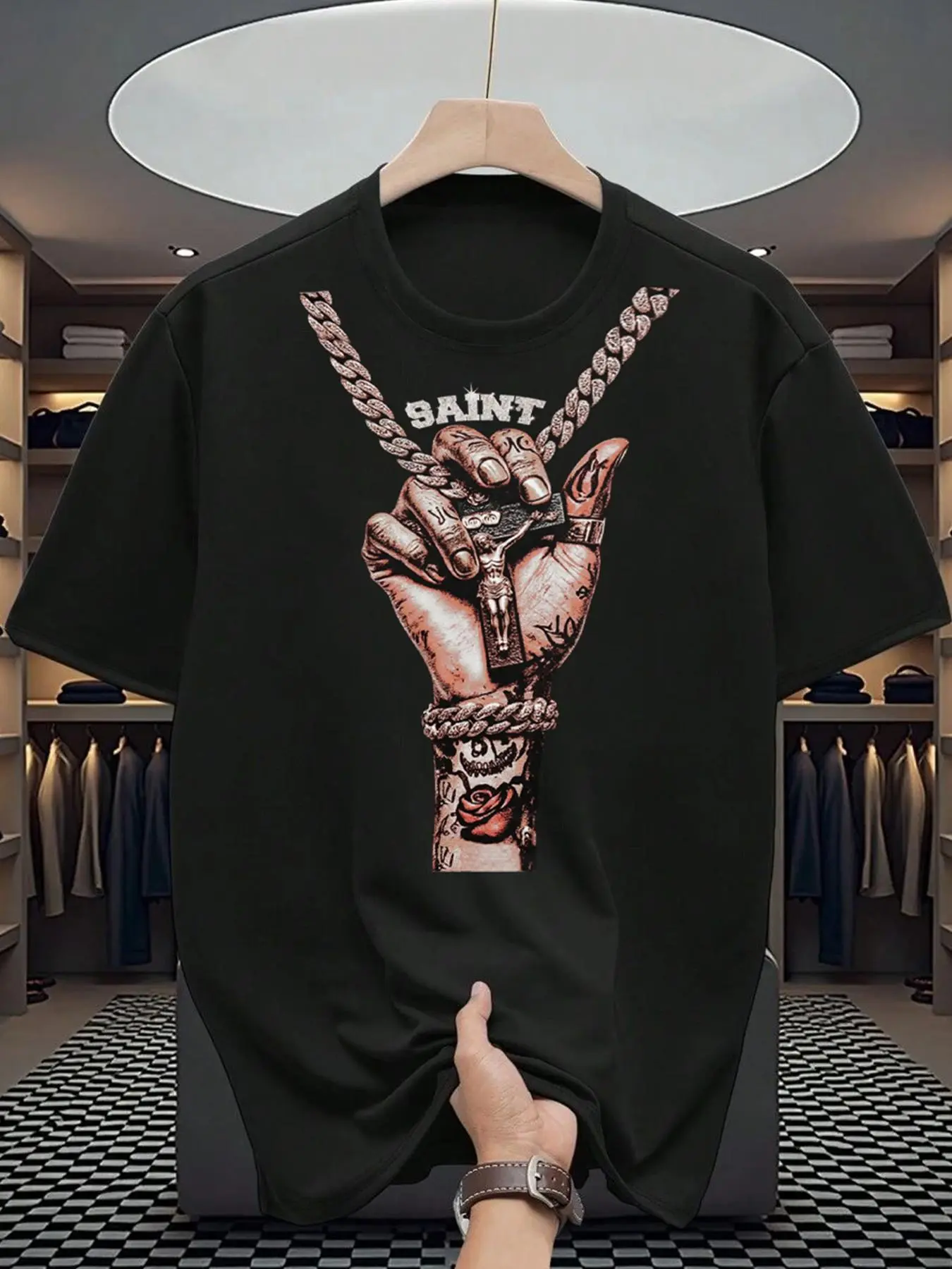 Men's Hand & Chain Print Round Neck Tee, Casual Comfy Tee, Regular Fit Casual Short Sleeve T-shirt for Daily Wear, Men's Casual Streetwear Top for Summer, Tropical, Casual Summer Clothing