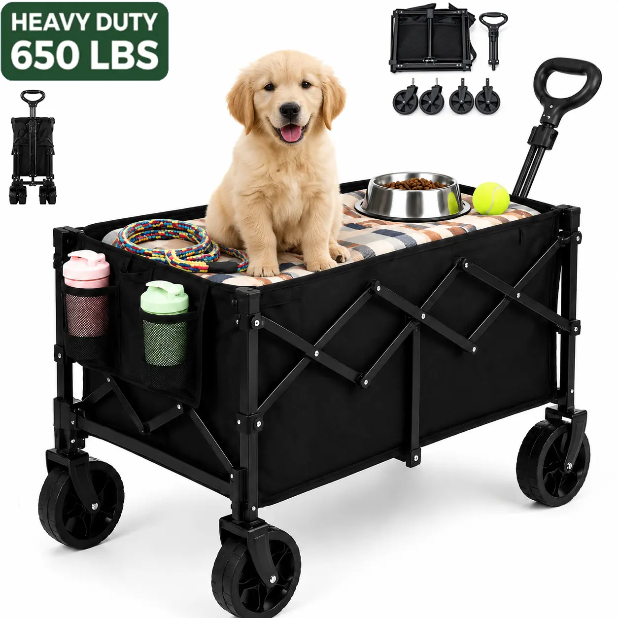 Heavy-Duty Foldable Beach Wagon Cart (650/450/330 lbs) – All-Terrain Camping & Pet Wagon with Steel Frame, 600D Oxford Fabric, Tool Holder, Durable Wheels & Reinforced Handle – No Assembly Required for Beach, Garden, Shopping & Sports – Black