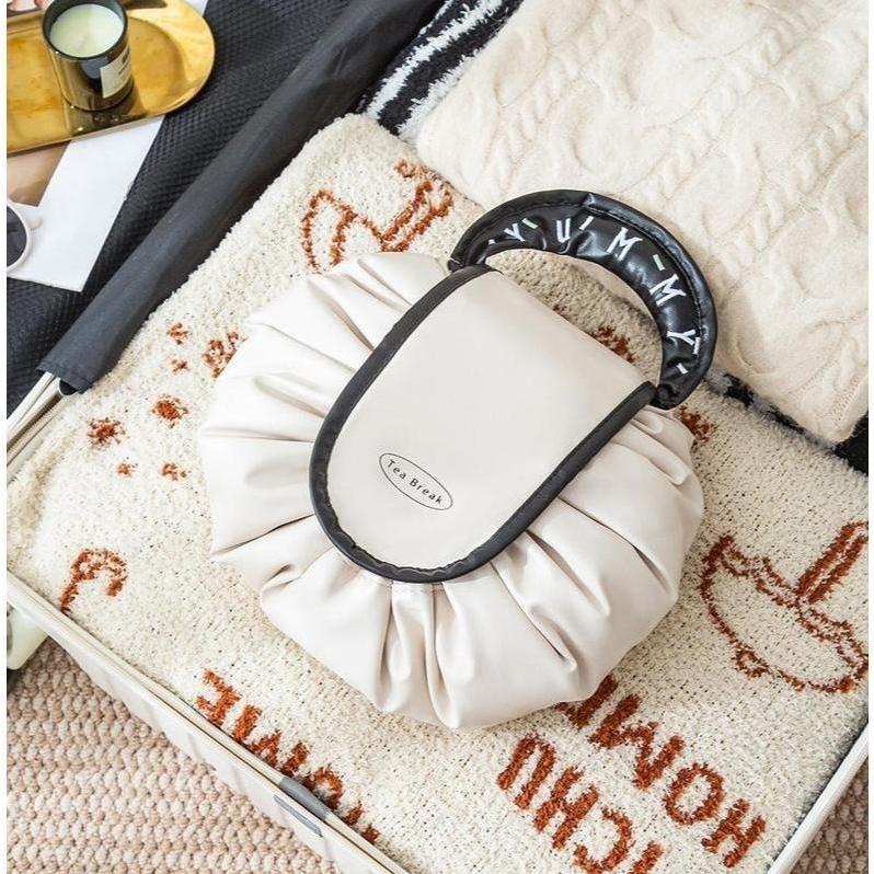 Chic Foldable Portable Makeup Organizer | Water-Resistant With Handle | Multi-Pocket for Skincare Cosmetics Daily Vanity Bathroom