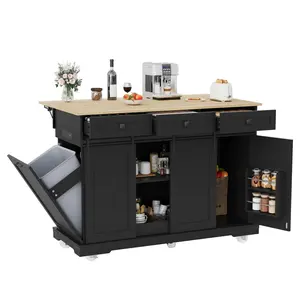 Garvee Spacious Rolling Kitchen Island Cart with Drop Leaf, Power Outlet, Trash Can Storage, 3 Drawers, Sliding Barn Doors, Spice Rack, Towel Holder, Mobile Dining Furniture – Black or White