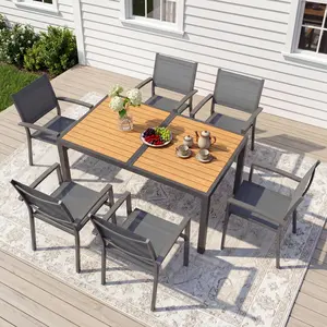 Royalcraft Patio Table and Chairs Set for 6, Outdoor Dining Set with Aluminum Table and Metal Textilene Chairs, All-Weather Outdoor Patio Furniture Set with HDPS Round Tabletop for Backyard Porch