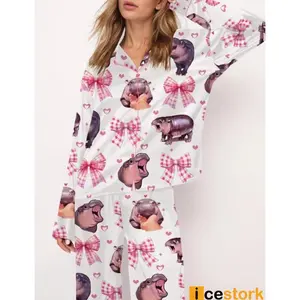 Pink Coquette Moo Deng Satin Pajama Set