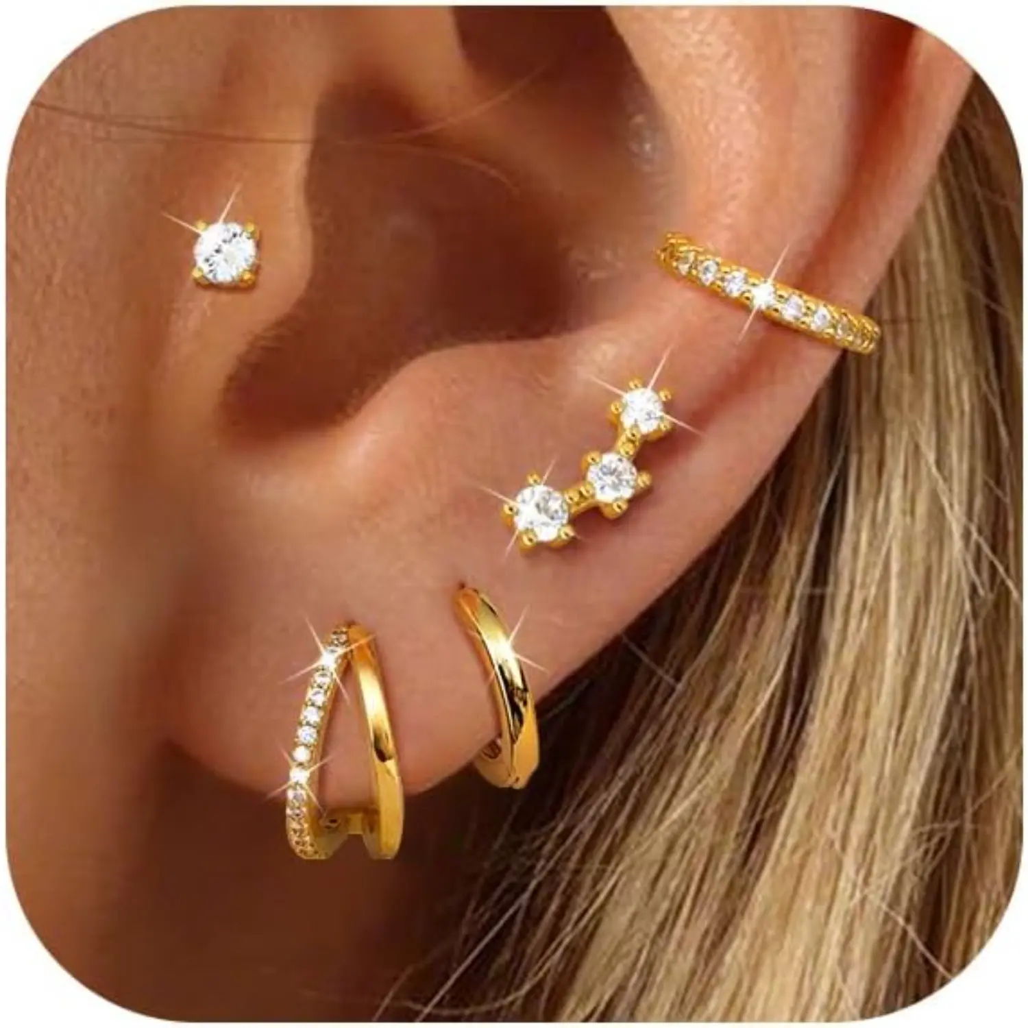 MILACOLATO Female 925 Sterling Silver 14K Gold Plated Layered Ear Stacking Set - 20g(0.8mm) Hypoallergenic, Classic, Comfortable, Elegant Small Hoops, CZ Cuffs, Cartilage Pieces, Ear Studs for Daily Wear, Friends, Mother's Day