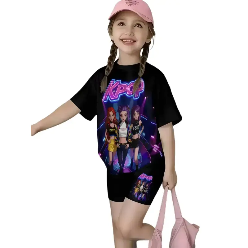 Girls' 2-Piece 3D Printed Short-Sleeve T-Shirt & Shorts Outfits Set, Fashionable Match Style Tween Set, Casual Streetwear, Ideal Children's Gift for Outdoor Activities