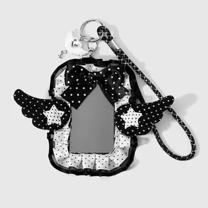 1 piece classic retro fashion anime-style black-and-white polka dot card holder/case with wings, stars, ribbons, bows, and intricate handmade lace; rhinestone cross design; DIY keychain and bag charm; suitable for office workers and students for everyday