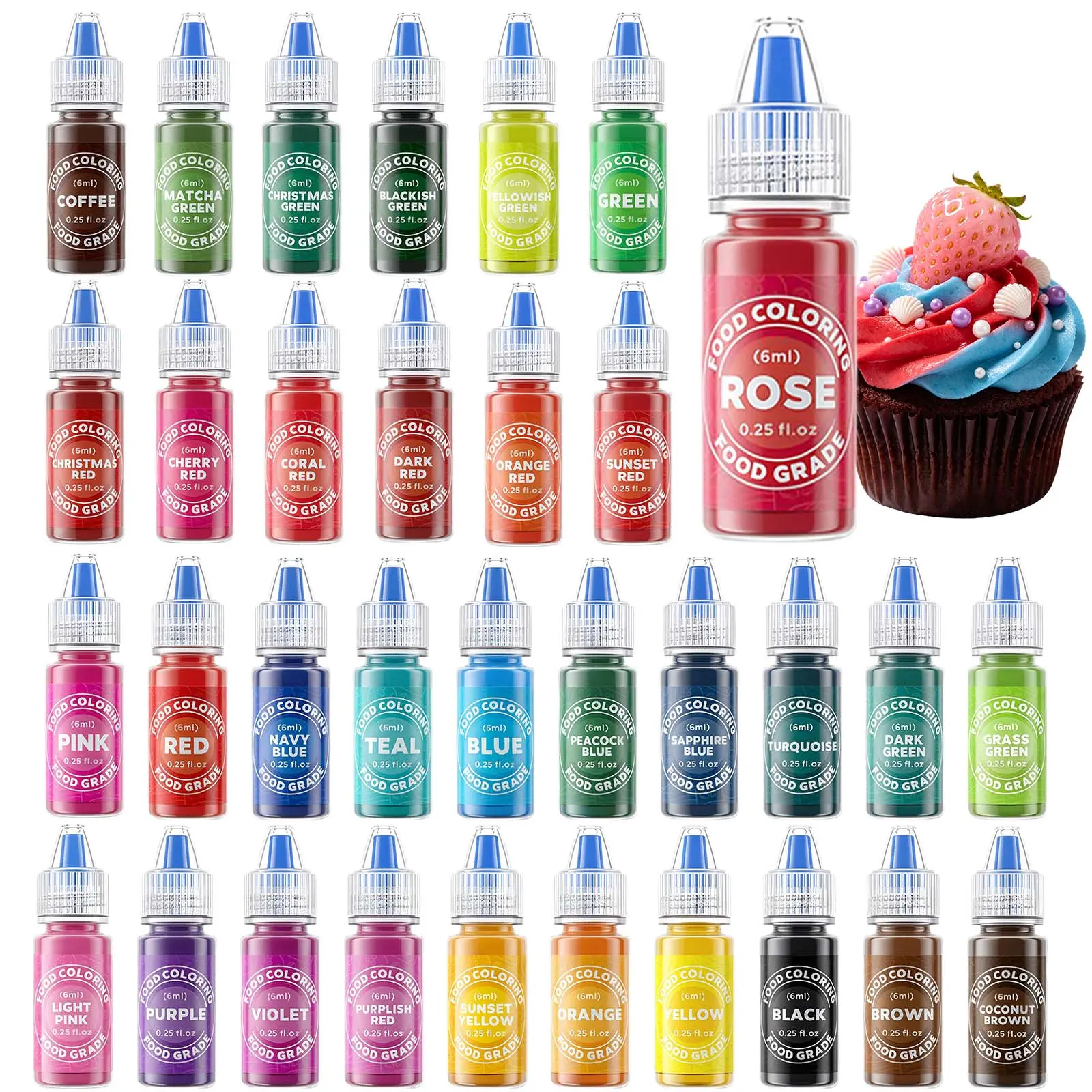 33-Pack Edible Liquid Food Coloring Set(water-based) - 0.25 fl oz（Compact Size） Food Grade Dye for Baking, Icing, Fondant - Vegan, Sugar-Free Vibrant Pigment for Pastry, Cookies, Snacks - Holiday DIY Projects