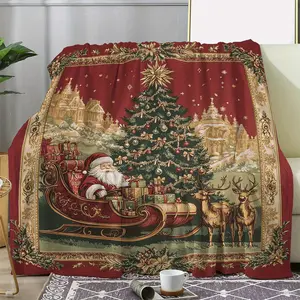 Vintage Christmas Blanket - Soft Flannel Plush Throw with Santa Claus, Reindeer & Tree Design, Red Holiday Decor for Sofa, Bed, Office, Travel - All-Season Cozy Gift for Christmas, Christmas Blanket, Bed Warmer, Festive Home Accessory-280GSM