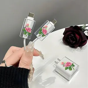 Rose Pattern Charger & Data Cable Protective Case, Decorative Charger & Data Cable Protector, Phone Accessories Compatible with iPhone 18W/20W Charger