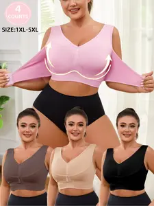 【Plus Size】 Solid Color Push Up Wide Strap Bra, Women's Comfortable Breathable Soft Stretch Bra,No Padding,Front Chest Buckles Design,Women's Lingerie for All Seasons,Ladies Knitted Underwear for Daily or Any Occasion