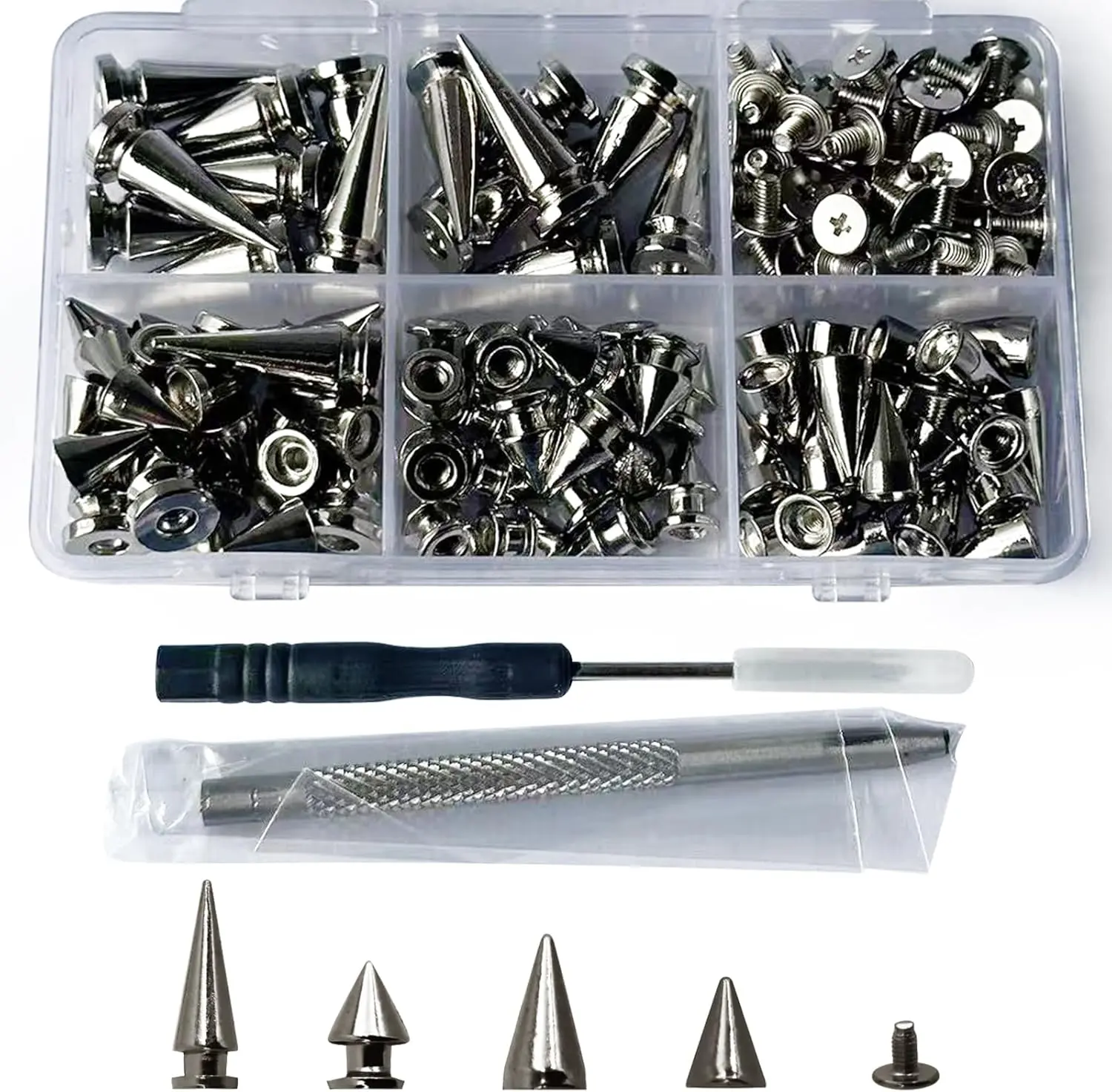 80 count Punk Spikes and Studs Kit, Metal Cone Spike Studs Rivets 4 Sizes for DIY Punk Crafts, Belts, Shoes, Clothing, Leather Jackets (Silvery)