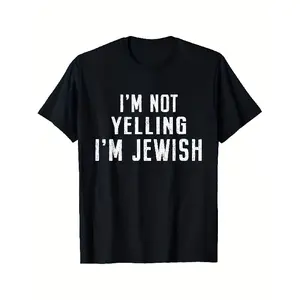 Funny Jewish Saying T-Shirt - "I'm Not Yelling I'm Jewish" Hanukkah Apparel - Soft Breathable Cotton Crew Neck Tee - Lightweight Funny Hanukkah Gift for Men, Women, Jews - Black Shirt with White Text - Machine Washable Casual Top for Hanukkah Parties & Ca