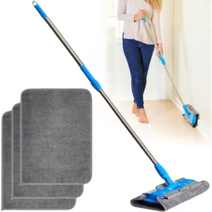 Baseboard Cleaner Tool with Handle - Wall Mop Cleaner with Long Handle for Ceiling, Baseboard, & More - Dry, Wet Wall Cleaner Mop w/ 3 Reusable Microfiber Cloths - Durable House Cleaning Supplies