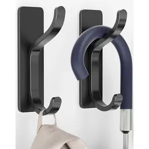 Adhesive Wall Hooks for Hanging: 2-Pack Coat Hooks for Towel, Hat, Purse, Clothes, , Backpack, Stick On Hangers for Door, Kitchen, Dorm, RV, Bathroom, Shower, Hold 13 lb, Stainless, Black