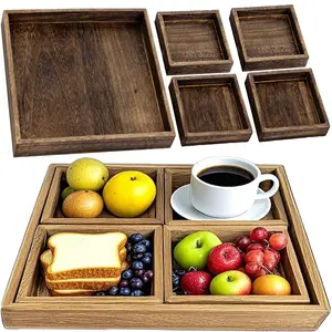 Rustic Wooden Serving Trays Set of 5 Rectangular Platters for Entertaining Breakfast Coffee Table Home Decor Natural Finish