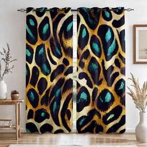 Watercolor Blue Tone Leopard Print Blackout Curtains 2Pcs/Set, No-Hole Ring Design, Washable Fabric, Bedroom Living Room Dorm Heat Insulation, UV Protection, Y2K Retro Style Home Decor