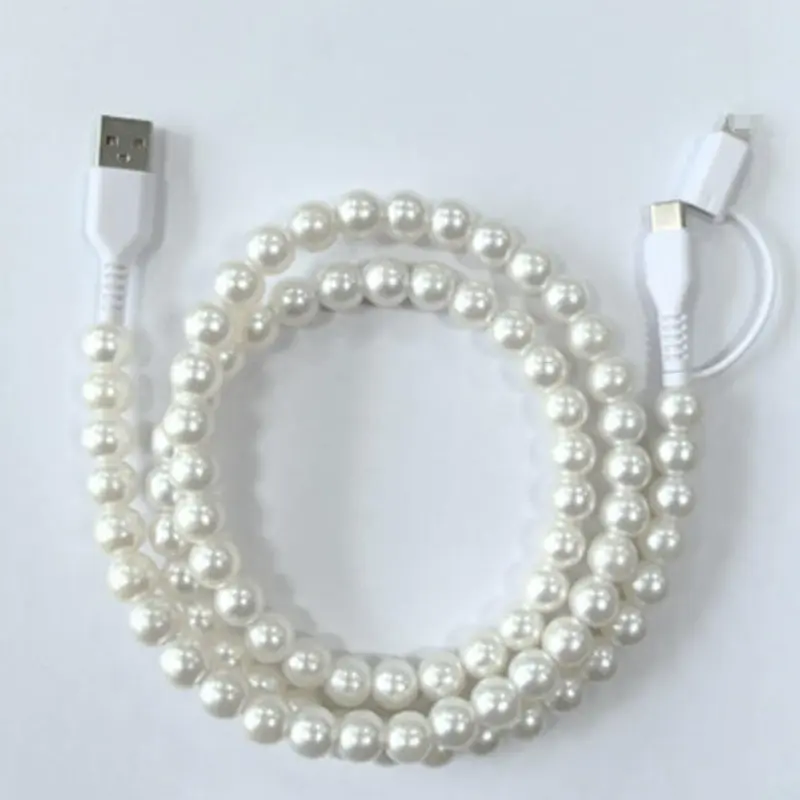 Pearl Decorated Charging Cable, Compatible with USB-C and Lightning Devices, 3.3 Ft Dual Data Cable, Quick Charge, Multiple Colors, Holiday Gift