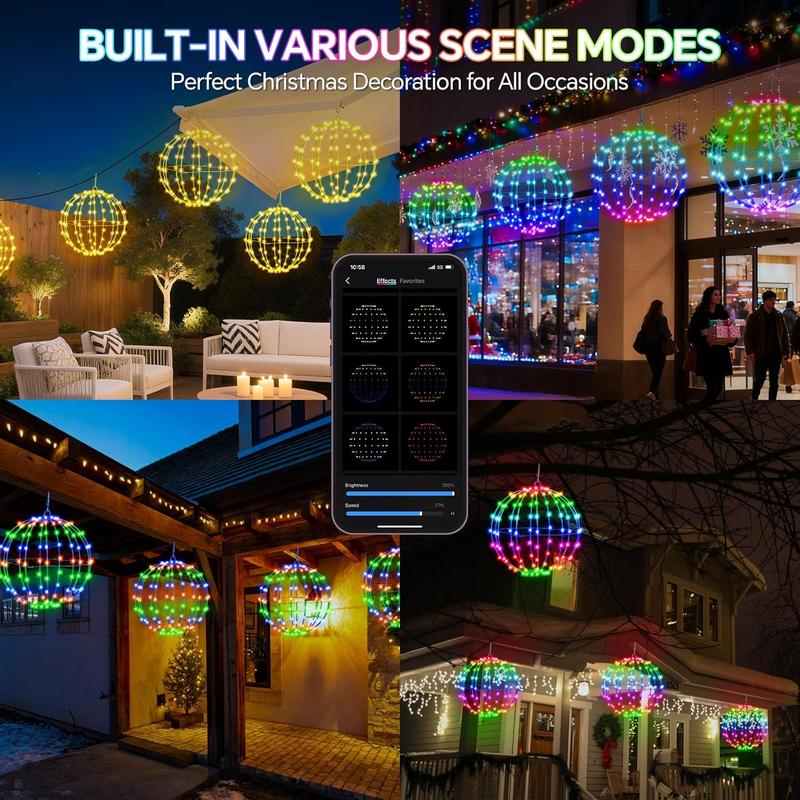 Smart LED Christmas Ball Lights 12 Inch 108 LED Foldable Color Changing Sphere Lights with App Remote Control Waterproof Outdoor Patio Tree Decor