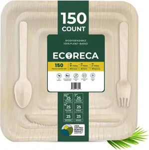150-Piece Biodegradable Palm Leaf Dinnerware Set | 10", 7", 4” Inch Square Plates |Eco-Friendly Disposable Plates & Cutlery for 25 Guests Forks, Knives & Spoons for Wedding, Parties, BBQ