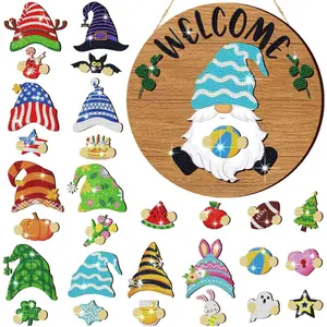 29 Pcs Magnetic Diamond Painting Gnome Interchangeable Diamond Painting Kits Interchangeable Art Welcome Sign Hanging Holiday Seasonal Home Sign for Front Door Wall Decoration Set Decorative Ornaments Hangable Cute Color