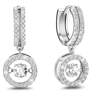 Sterling Silver Dangle Hoop Earrings for Women, Sparkling Shiny Cubic Zirconia Drop Earrings with Movable Center Stone, Fashion Elegant Circle Huggie Earrings Jewelry Anniversary Christmas Gift