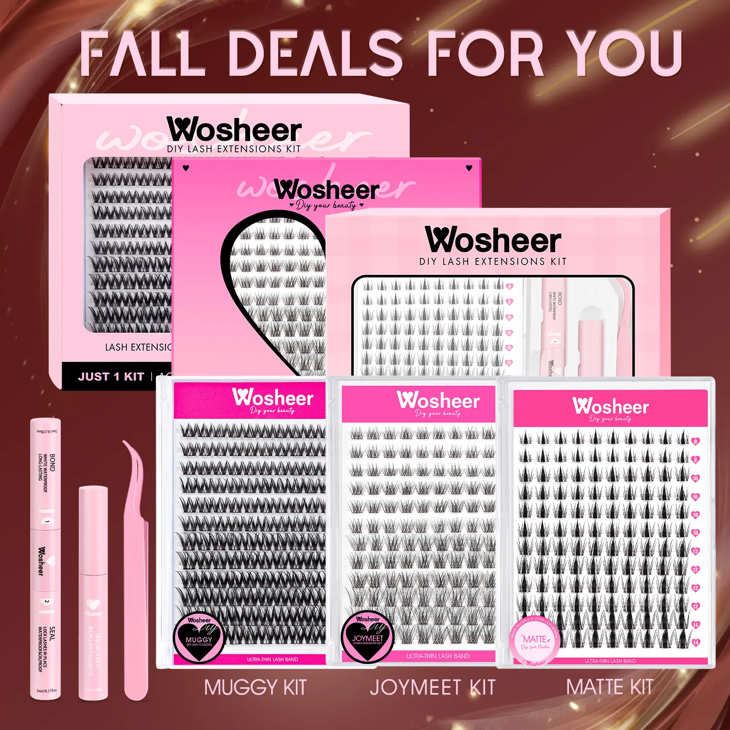 Wosheer Muggy Kit Free Shipping US STOCKING Cat Eye DIY Lash Cluster Kit Lash Bond&Seal Remover Lash Tweezer for DIY Eyelash Extension at Home For Girl Make up Makeup Cosmetic Eyelashes Extensions