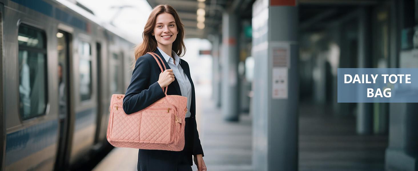 Women's Teacher Tote Bag - 15.6 in Laptop Bag, Crossbody Handbag with Insulated Large Cup Holder Pocket, Waterproof Quilted Organizer with Multiple Pockets for School College