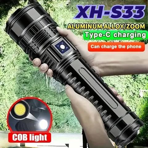 Unisex High-Brightness Large Rechargeable Waterproof EDC LED Flashlight - COB Warning Taillight, 5 Multi-Modes, Type-C Charging, Reversible Design, Multi-Direction Alert, 5400mAh, Emergency Hunting Gear, Wide Light Range, for Camping & Hiking