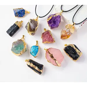 Natural Crystal Raw Stone Necklace Purple Amethyst Rose Quartz Clear Quartz