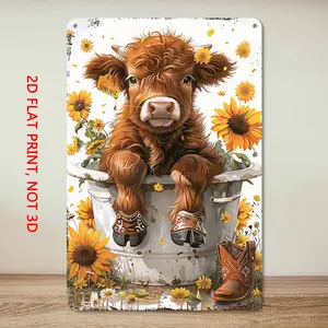 1PCS Vintage Metal Tin Decorative Sign Plaque Cute Highland Cow Sunflower Tub Rustic Farm Animal Wall Mounted 2D Flat Sign 8 x 12 Inch Home Bedroom Study Living Room Office Cafe Bar Wall Decor