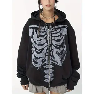 Y2K Skeleton Print Zip Up Hoodie, Long Sleeve Oversized Sweatshirt Jacket With Pocket, Women's Clothing