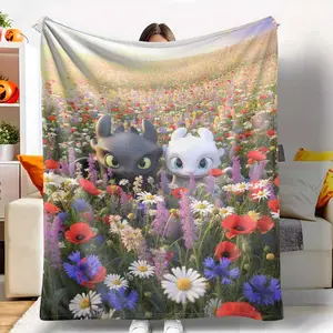 Cartoon Dragon Couple Flannel Blanket Colorful Wildflower Meadow Print Soft Cozy Warm Lightweight Perfect for Bedroom Sofa Camping Picnic Romantic Gift