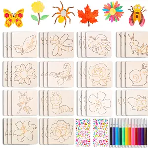Wooden Painting Templates Set, Insect & Flower Theme, Includes 12 Color Pens, Art Marker Pen & Diamond Sticker, DIY Craft Kit for Kids, Perfect Gift, Drawing Kit