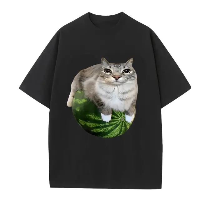 Watermelon Cat Meme T-Shirt, Unisex Streetwear Graphic Tee in Soft 100% Cotton, Breathable Round Neck Top with a Relaxed Fit