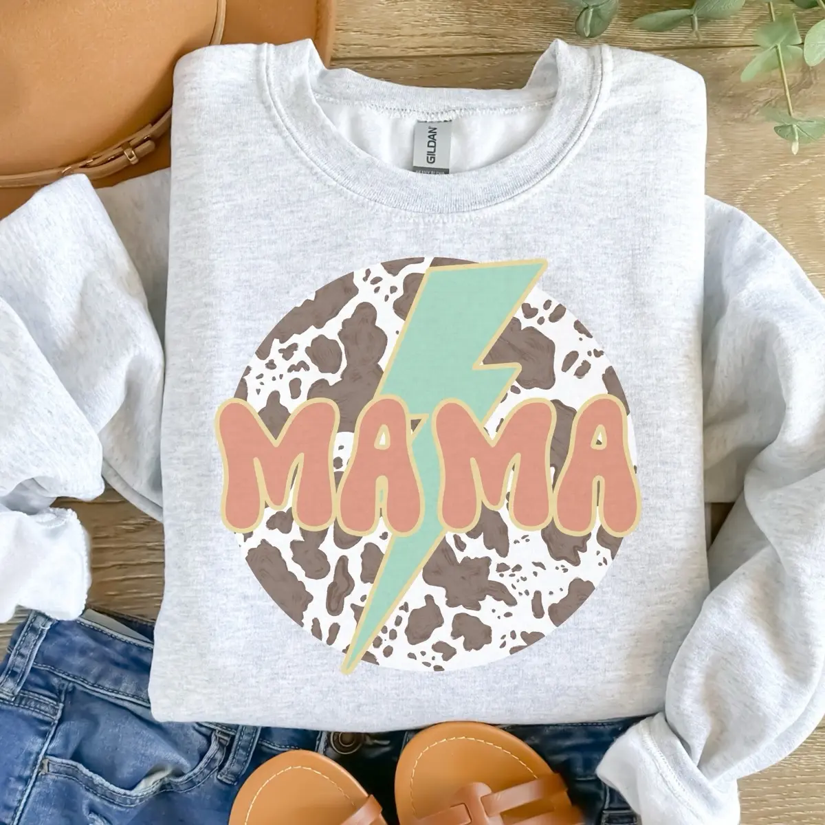 Mama Cow Print Lightning Bolt Sublimation Sweatshirt - Ash Grey, Unisex Sizing