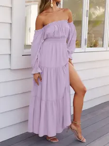 2026 Women's Boho Sexy Off Shoulder Long Sleeve Smocked High Waist Side Split Flowy A Line Tiered Long Maxi Casual Dress Womenswear