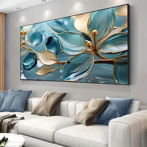 2D Flat, 1pc Extra Large Modern Floral Canvas Wall Art - Teal Blue & Golden Botanical print, Contemporary Living Room & Bedroom Decor - Large Statement Piece for Home Decoration, Room Decor Aesthetic, Detailed Artwork, Decorative Print, Interior Designers