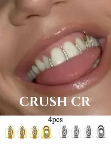 CRUSH CR Genderless 4pcs Mix Match CZ Tooth Cap Set, 18K Gold Plated Bold Yet Sleek Paved CZ Design, Removable Hypoallergenic, Perfect for Streetwear Fits, Skate Park Hangouts, Music Festivals and Gender-Neutral Fashion Styling