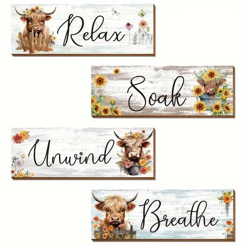 Cow & Flower Pattern Rectangle Design Wall Decor Sign, 4 Counts/set Bathroom Wall Decor Sign, Home Spa Bathroom Laundry Room Party Decor Holiday Supplies, Home Decoration, Home Decor Products