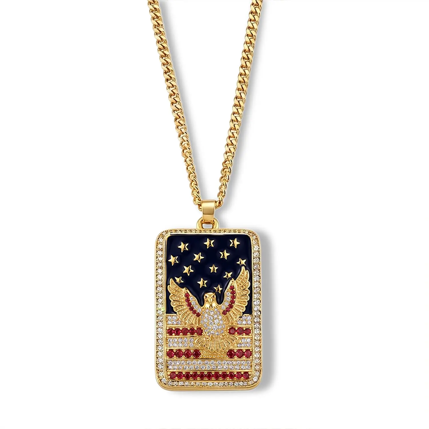 Simulated White and Red Diamond, Enameled American Patriotic Eagle Dog Tag Pendant Necklace (20 Inches) in Goldtone 2.00 ctw