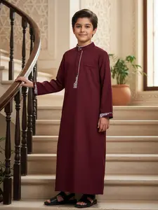 Muslim Traditional Boy Long Thobe Wine Embroidered Stand Collar Round Button, Long Sleeve Side Pockets, Suitable for 8-12 Years, Kids Clothing, Tunic