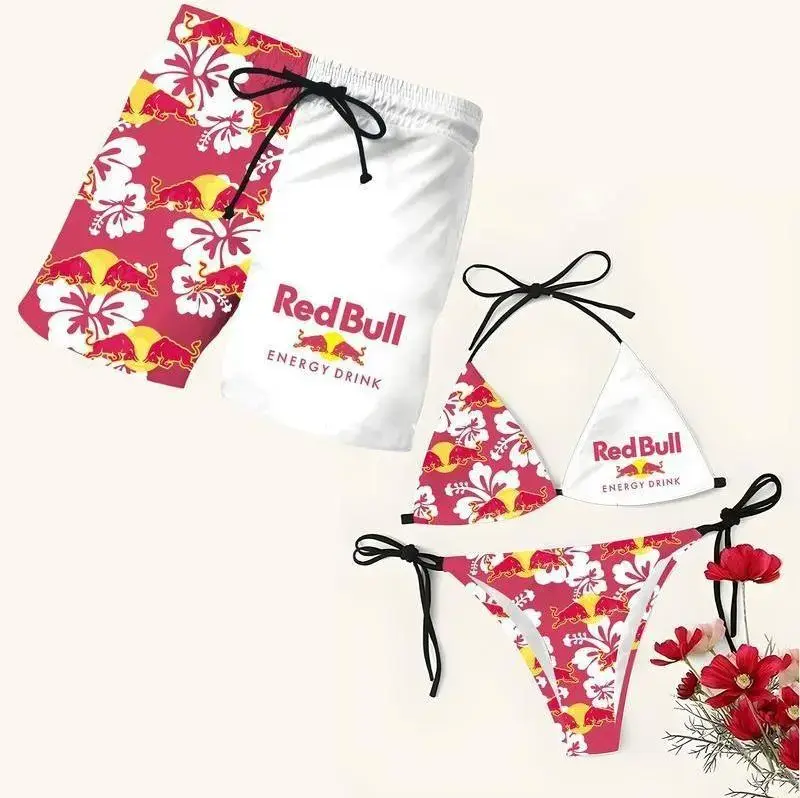 Matching Energy Floral Swimsuits for Couples – Bikini & Mens Beach Shorts, Aloha Beach Outfit, Summer Vacation Hubby & Wife Matching Swimwear Set