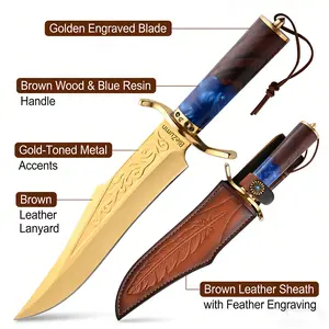 A professional chef’s knife made from Damascus steel, featuring gold engraved patterns, a sharp blade for cutting, a resin handle, and a leather sheath—a perfect kitchen knife.