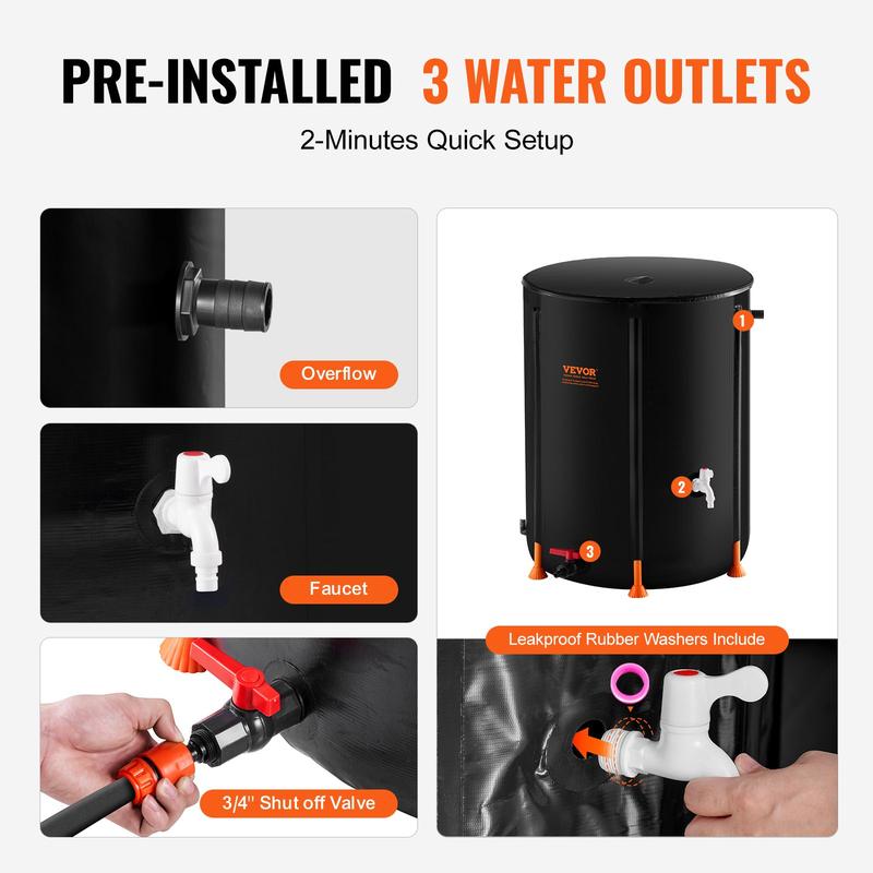 VEVOR Collapsible Rain Barrel -  Upgraded Visible Water Level, 53/66/100 Gal Portable Rain Water Collection Barrel, PVC Rainwater Collection System with Spigots and Overflow Kit, Water Barrel for Garden Water Catcher Bucket VEVOR Super Brand Day