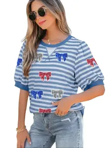 Women's Striped Puff Short Sleeve Graphic Tee Sparkly Sequin Bow T-Shirt Casual Summer Round Neck Top