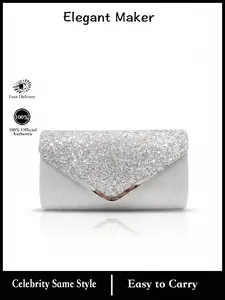 Elegant Silver Color Sparkly Envelope Clutch, V-Shape Metal Frame Evening Handbag for Women, Perfect for Weddings, Proms, Cocktails, Birthdays